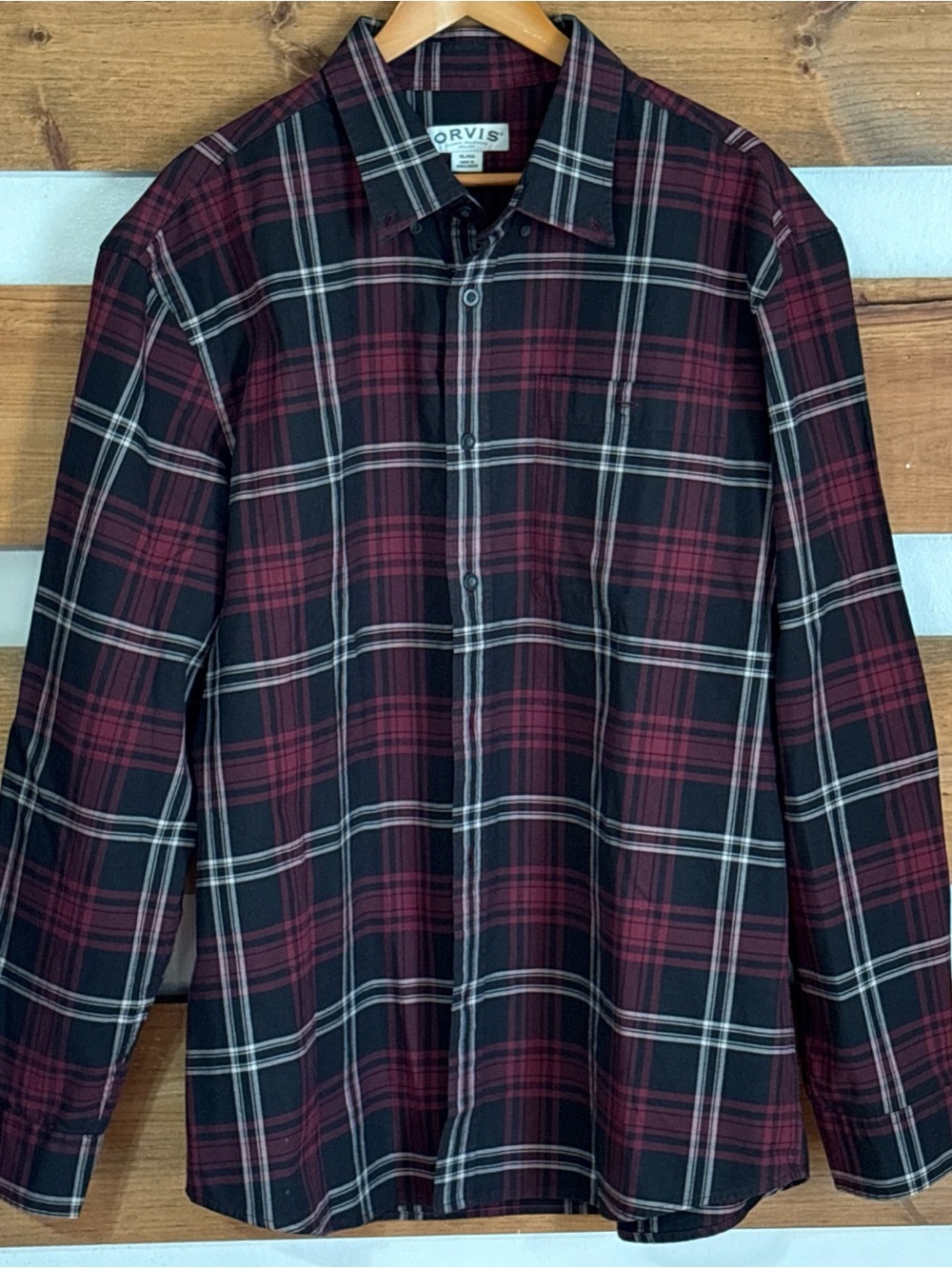 Orvis Button Down Heavy Fabric Workware Square Plaid Maroon & Black Men
